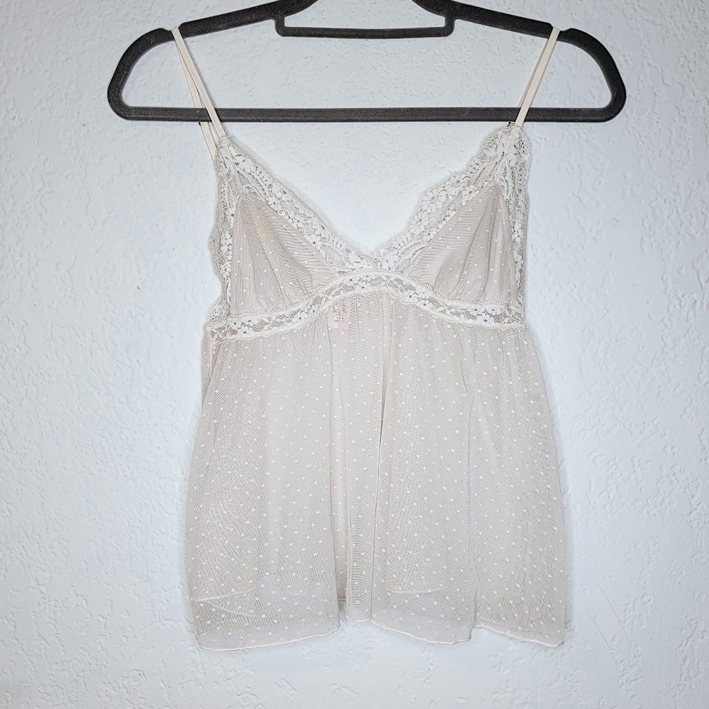 Victoria's Secret Sz S V Neck Lace Sheer Babydoll Cami Camisole Slip Swiss Dots